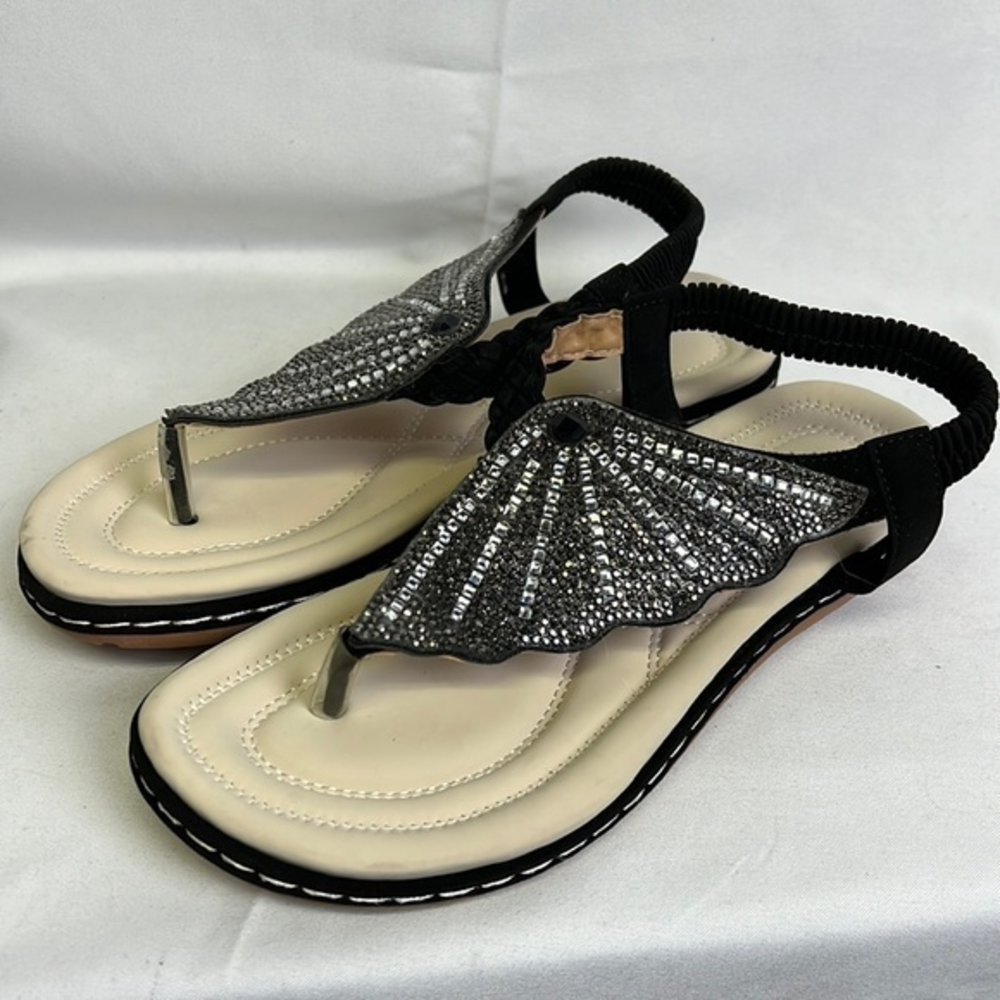 Black Rhinestone Wing Cushioned Comfy Sandals New‎ Without Tags Women's Size 40